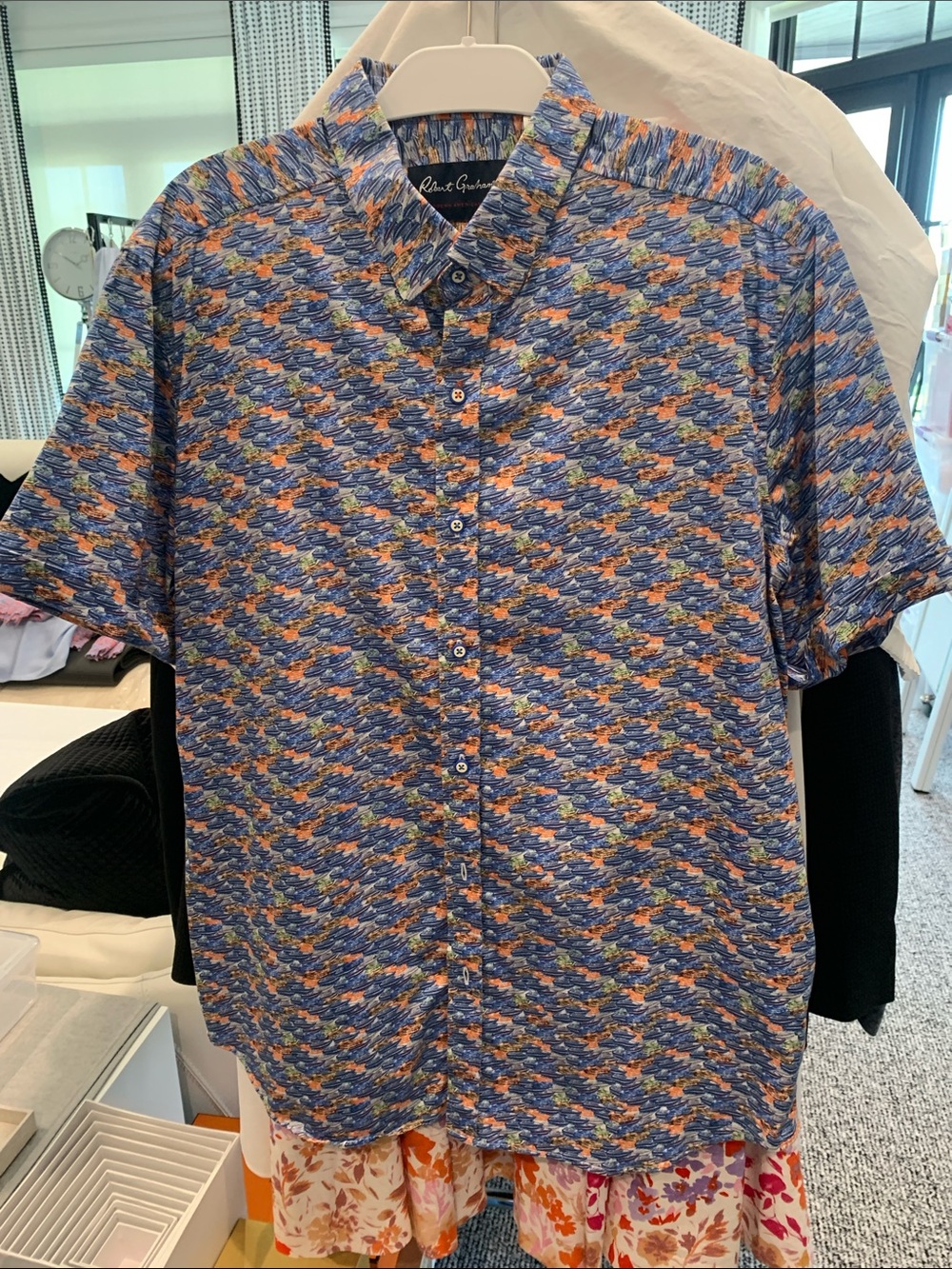 Robert Graham Blue and Orange Short-Sleeve Button-Down Shirt 2XL